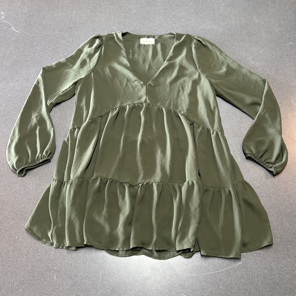 MELLODAY Soft Flowy Green Blouse RAYON CHALLIS LongSleeve TIERED PEASANT TOP XS